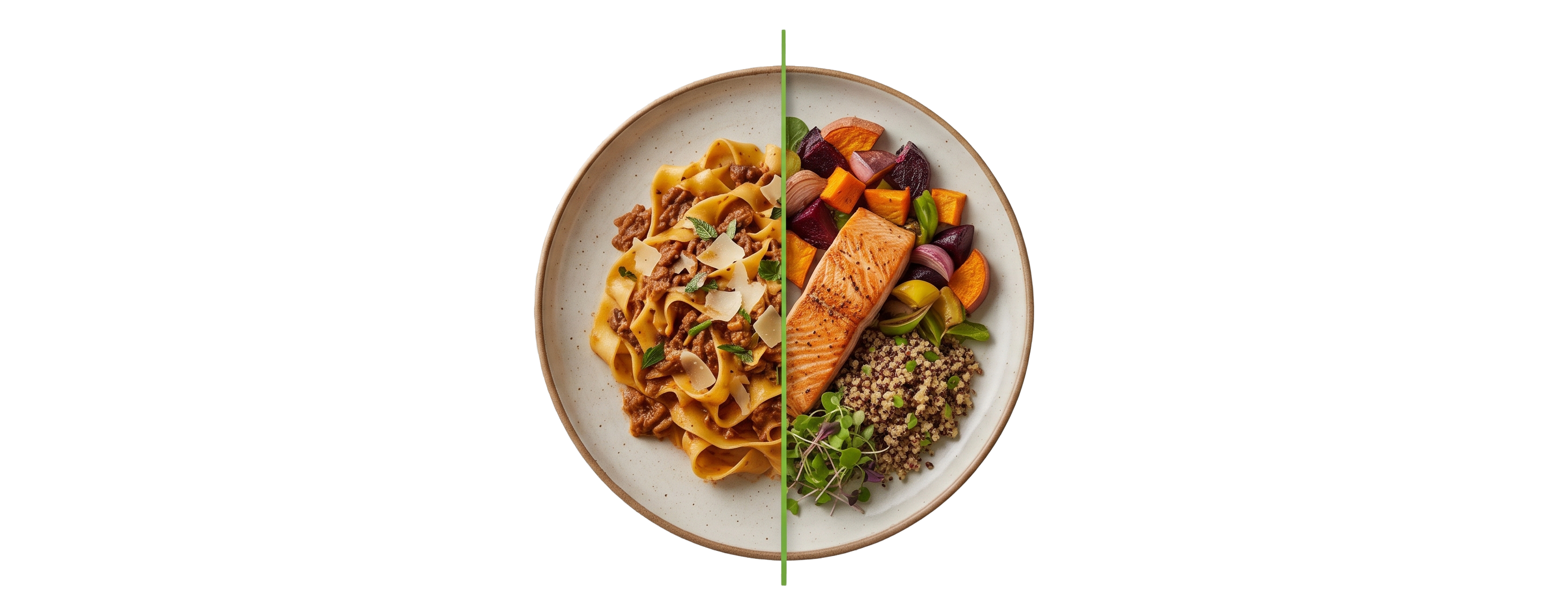 A split plate showing a familiar pasta dish beside a balanced salmon, grains, and vegetable meal.